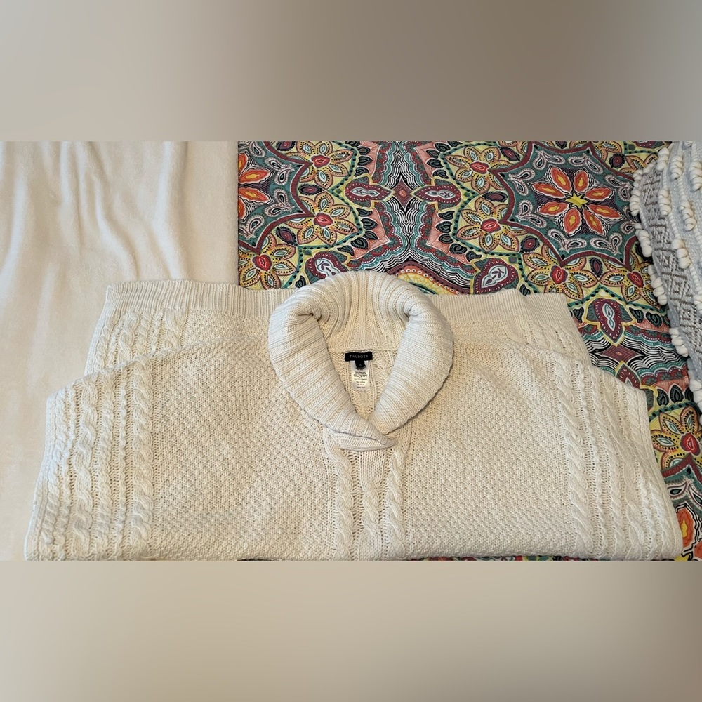 Talbots winter white poncho style sweater, like new, brown buckle trim, - Picture 7 of 8